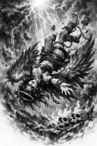 Black and grey tattoo design featuring a winged armored warrior descending through stormy skies; AI-generated project idea, cover-up ready.