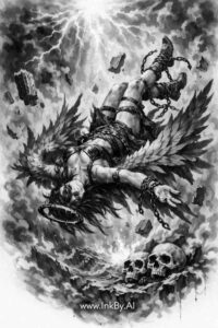 Falling figure with a winged silhouette in black and grey grayscale; tattoo design concept, black and grey project, cover-up suitable.