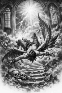 Angel figure with outstretched wings inside a gothic cathedral ruin, rendered in black and grey; this is a project/idea and perfect for cover-up.