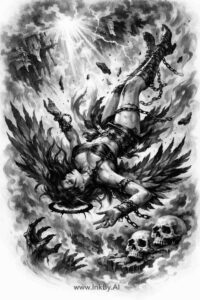 Fallen angel with a dark wing in black and grey, AI-generated tattoo concept for cover-up—project/idea.