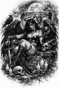 Black and grey tattoo concept of a maiden Grim Reaper seated among ravens and skulls; AI-generated project idea, perfect for cover-up.
