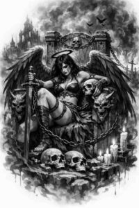 Two winged angels hover above a skeletal horse, with skulls and candles at the base, all in grayscale; black and grey tattoo design idea, cover-up ready.