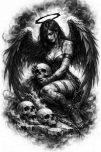 A black and grey tattoo design of a winged figure above skulls, cloaked in shadow, on a monochrome composition; cover-up suitable.