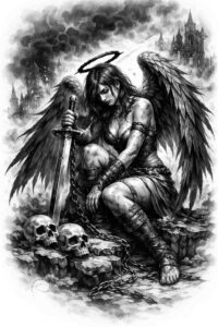 Winged angel with skulls in black and grey; AI-generated tattoo design concept, a project idea suitable for cover-up.