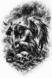 A grayscale (black and gray) tattoo idea featuring an angel with wings standing over skulls, rendered in bold blackwork; a project concept with cover-up potential.
