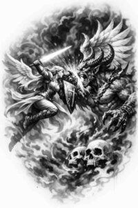 Demon warrior with wings and skulls in black and grey, AI-generated tattoo design, perfect for cover-up.