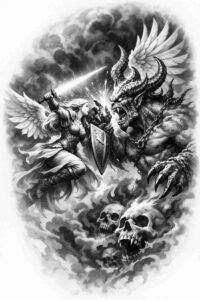 Demon and angel battle in black and grey, with skulls and wings; a project idea with cover-up potential; AI-generated concept.