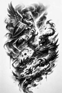 Knight in armor dueling a dragon in black and grey; AI-generated project concept, cover-up suitable.