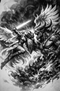 Angel with sword vs demon, grayscale duel with wings and clouds, black and grey tattoo concept, AI-generated project, cover-up ready.