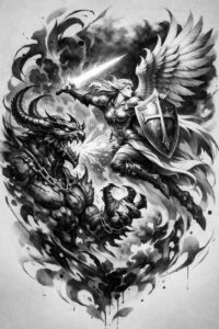 Black and grey tattoo concept showing a dragon clashing with a knight in armor with wings and sword; AI-generated concept; project idea; cover-up suitable.
