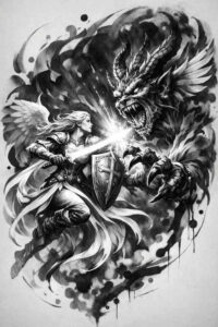 Warrior and dragon tattoo design in black and grey, AI-generated project idea, perfect for cover-up.