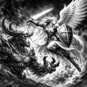 A black-and-gray tattoo concept of an angel warrior clashing with a horned demon; AI-generated project concept; ideal for cover-up.