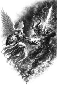 Angel with outstretched wings on the left facing a dark smoky figure on the right in black and grey; grayscale project concept, AI-generated and cover-up-ready.