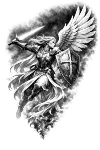 Black and grey tattoo design of an angel with shield in grayscale; a project/idea concept.