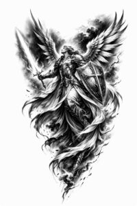 Black and grey angel warrior with wings and shield; AI-generated tattoo idea, perfect for a cover-up.