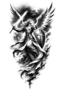Angel with shield and sword in black and grey, a tattoo design concept for a cover-up project.