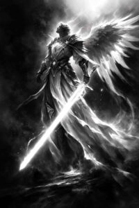 Angel with wings and a glowing sword in black and grey; AI-generated tattoo design concept, suitable for cover-up.