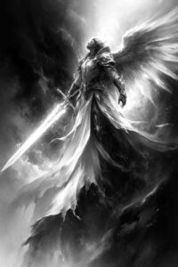 Angel figure with sword and wings in black and grey tones, smoky background; AI-generated project concept, ideal for cover-up.