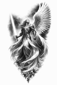 Angel with winged figure holding a sword in black and grey; project idea, cover-up ready.