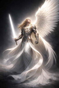 An angel warrior with bright white wings and a sword, in color; project idea; cover-up ready.