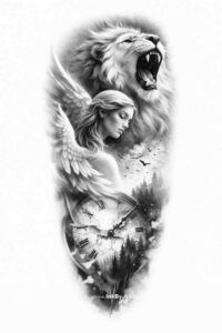 Black and grey tattoo design of a bear and a girl in a forest; concept project; perfect for cover-up.