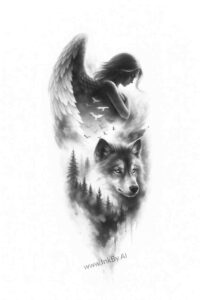 Angel silhouette with wings in black and grey, AI-generated tattoo idea for a cover-up project.