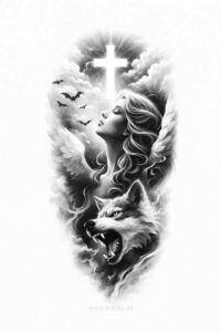 Black and grey tattoo design concept showing a central cross with skulls and dragon heads in grayscale; AI-generated project idea with cover-up potential.