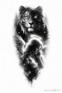 Tiger head in black and grey ink with abstract shaping in a vertical composition; AI-generated project idea, perfect for cover-up.