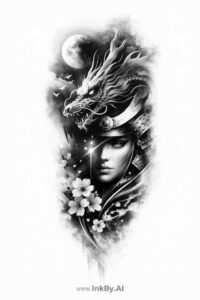 A grayscale portrait of a woman with a dragon headpiece and a flower, a tattoo concept in black and grey, project idea; cover-up ready.