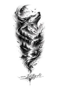 Black and grey feather swirl forming a tornado-like plume, concept tattoo design idea; cover-up ready.