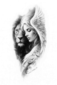 Black and grey tattoo design of a lion and an angel in profile facing each other; project idea.
