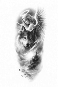 Angel and wolf portrait in black and grey with spread wings; AI-generated tattoo design concept, project, cover-up potential.