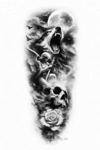 Skull and rose in black and grey, tattoo design idea, AI-generated, suitable for cover-up.