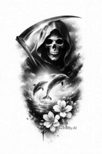 Grim reaper with scythe and flowers in black and grey; a project idea for a dark realism tattoo.