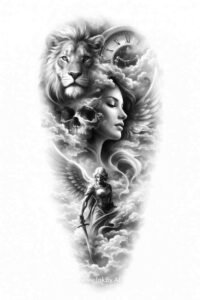 Black and grey realism tattoo concept: a woman's profile merged with a lion's mane; grayscale project idea.
