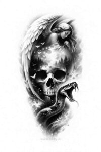 Black and grey skull with a serpent, AI-generated concept for a cover-up project.