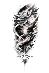 Roses and Smoke cover-up: fine line tattoo design grayscale Roses and Smoke cover-up: black and grey fine line tattoo idea in grayscale; vertical roses, leaves and wisps; AI-generated concept for a cover-up project.