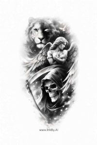 Black and grey tattoo design featuring a lion head, a woman's portrait, and a skull; an idea for a cover-up-ready project, AI-generated concept.