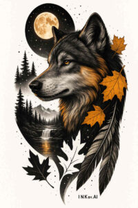 Black and grey tattoo design of a howling wolf head in profile, a full moon behind, pine trees and autumn leaves; AI-generated concept idea.