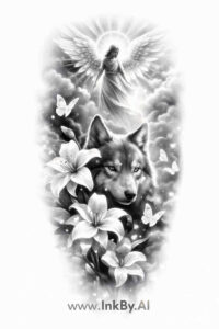 Black and grey realism tattoo concept with a wolf head, a dove in flight, and lilies; a black-and-grey project idea, not colored, with no cover-up emphasis.