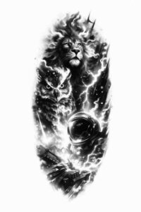 Black and grey tattoo design of a roaring lion infused with jagged lightning, high-contrast image, AI-generated concept, ideal for cover-up.