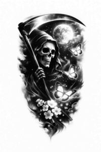 Grayscale tattoo design of a hooded grim reaper with a scythe and flowers; a project idea in black and grey, perfect for cover-up.