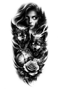Black and grey tattoo concept: female portrait with wolves and a rose, monochrome, AI-generated project idea, perfect for cover-up.