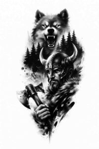 Black and grey tattoo design featuring a snarling wolf behind a rugged warrior; this project idea is suitable for a cover-up.