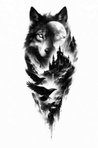 Black and grey wolf silhouette with a city skyline and trees inside, AI-generated tattoo idea, perfect for a cover-up.
