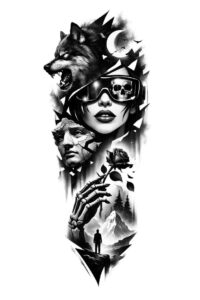 Black and grey tattoo design concept featuring a masked woman portrait with a wolf head and crown in a vertical collage; AI-generated concept, cover-up-ready.