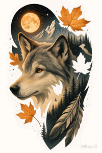 Colorful watercolor tattoo design of a wolf head with a glowing moon and autumn leaves; AI-generated project idea.