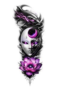 Colored tattoo design concept featuring a stylized female face with purple accents and a pink lotus; AI-generated concept for a potential tattoo.