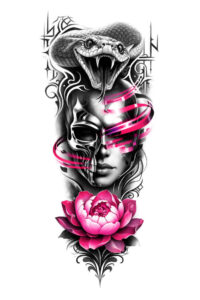 Color realism tattoo design concept showing a detailed snake head with fangs, wrapped by a pink cloth above a blooming pink lotus, presented as a placement-ready idea.