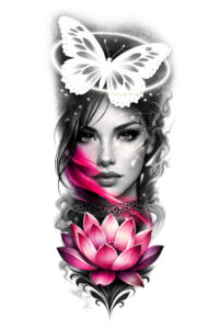 Color tattoo design featuring a grayscale portrait with a white butterfly above and a pink lotus at the base; AI-generated project idea.